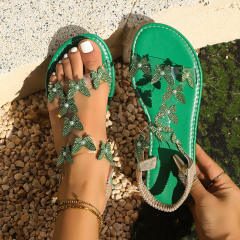 New Foreign Trade Large Size Elastic Band Rhinestone Pearl Butterfly Sandals for Women Flat-Soled Outdoor Beach Sandals