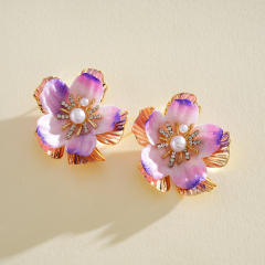 Silver needle colorful flower petal studs earrings holiday earrings