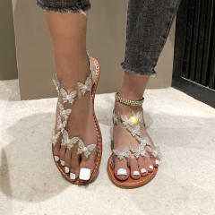 Large Size Summer Rhinestone Butterfly Flower Flats Transparent One-Strap Sandals