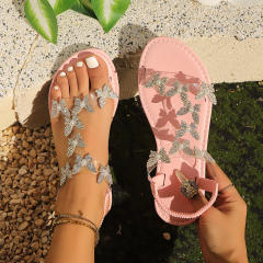 New Foreign Trade Large Size Elastic Band Rhinestone Pearl Butterfly Sandals for Women Flat-Soled Outdoor Beach Sandals
