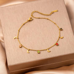 Summer hot sale colorful crystal hollow out heart moon charm stainless steel anklet