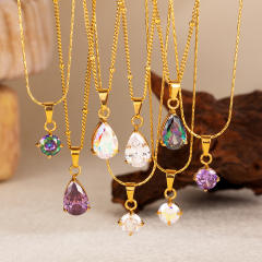 Dainty colorful drop crystal pendant stainless steel necklace