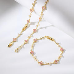 Hot sale colorful diamond clover gold plated necklace bracelet set
