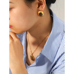 Vintage tiger eye stone inlaid oval shape stainless steel necklace earrings set