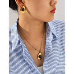 Vintage tiger eye stone inlaid oval shape stainless steel necklace earrings set