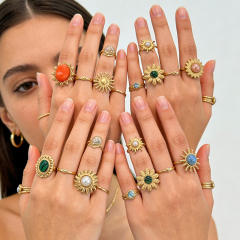Summer easy match colorful natural stone inlaid sunflower stainless steel rings