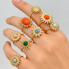 Summer easy match colorful natural stone inlaid sunflower stainless steel rings