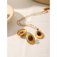 Vintage tiger eye stone inlaid oval shape stainless steel necklace earrings set