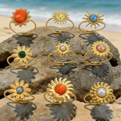 Summer easy match colorful natural stone inlaid sunflower stainless steel rings