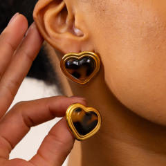 Vintage leopard acrylic heart shape stainless steel earrings studs
