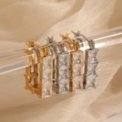 Classic cubic zircon inlaid bamboo U shape stainless steel earrings diamond earrings