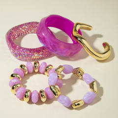 Purple Colorful Laser Resin Bracelet Asymmetrical Geometric Round Wide Version Exaggerated Bracelet set