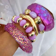 Purple Colorful Laser Resin Bracelet Asymmetrical Geometric Round Wide Version Exaggerated Bracelet set