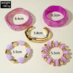 Purple Colorful Laser Resin Bracelet Asymmetrical Geometric Round Wide Version Exaggerated Bracelet set