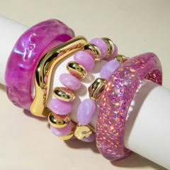 Purple Colorful Laser Resin Bracelet Asymmetrical Geometric Round Wide Version Exaggerated Bracelet set