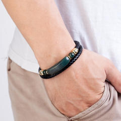 Vintage stainless steel magnet buckle leather double woven bracelet fashion Men's stone bracelet jewelry