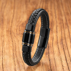 Exclusive Geometric Stone Bracelet for Men Stainless Steel Magnetic Buckle Braided Leather Rope Bracelet Jewelry