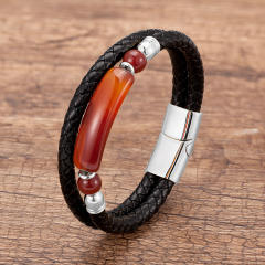 Vintage stainless steel magnet buckle leather double woven bracelet fashion Men's stone bracelet jewelry