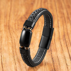 Natural stone handmade woven leather rope stainless steel Magnetic buckle bracelet for men