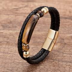 Vintage stainless steel magnet buckle leather double woven bracelet fashion Men's stone bracelet jewelry