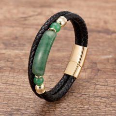 Vintage stainless steel magnet buckle leather double woven bracelet fashion Men's stone bracelet jewelry