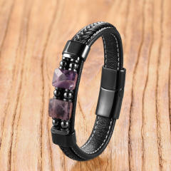 Geometric stone bracelet with stainless steel magnetic clasp and woven leather cord