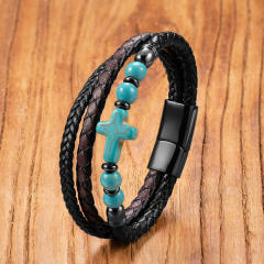 Hot-Selling Punk Style Men's Bracelet Personalized Multi-Layer Braided Leather Bracelet Men's Stone Bracelet