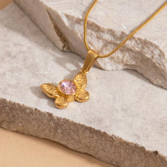 Colorful crystal inlaid butterfly pendnat stainless steel necklace