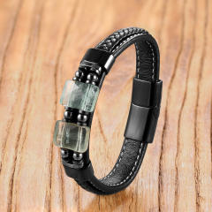 Geometric stone bracelet with stainless steel magnetic clasp and woven leather cord