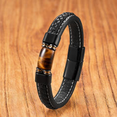 Natural stone handmade woven leather rope stainless steel Magnetic buckle bracelet for men