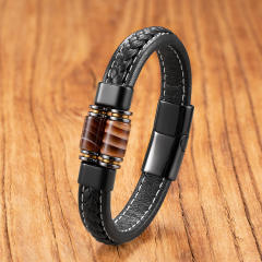 Exclusive Geometric Stone Bracelet for Men Stainless Steel Magnetic Buckle Braided Leather Rope Bracelet Jewelry