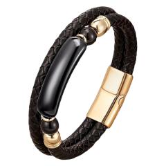 Vintage stainless steel magnet buckle leather double woven bracelet fashion Men's stone bracelet jewelry