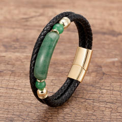 Vintage stainless steel magnet buckle leather double woven bracelet fashion Men's stone bracelet jewelry