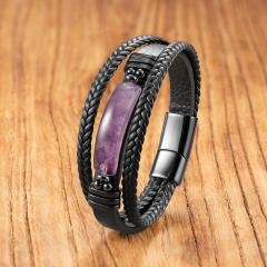 Hot Selling Geometric Tiger Eye Stone Bracelet for Men Multi-Layer Leather Rope Bracelet Stone Bracelet Magnet Buckle Bracelet