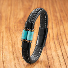 Exclusive Geometric Stone Bracelet for Men Stainless Steel Magnetic Buckle Braided Leather Rope Bracelet Jewelry