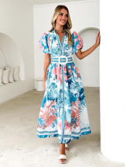 Summer New Fashion Casual Positioning Lace-up Printing Long dress