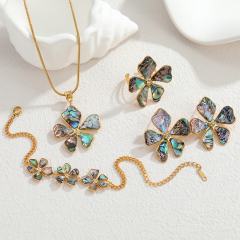 Summer elegant abalone flower stainless steel necklace bracelet earrings rings set