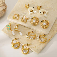 Vintage Gold Flower Earrings Versatile Dolphin Heart Pearl stainless steel earrings