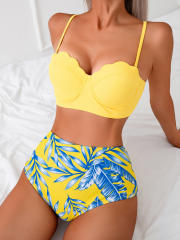 New Island Vacation Slimming Swimsuit for Women Maple Leaf Print Bikini Three-Piece Set