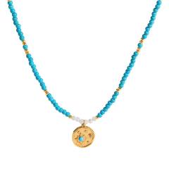 Vintage Turquoise Beaded Necklace with Gold-Plated Stainless Steel Starburst Round Pendant