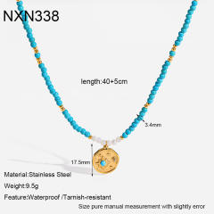 Vintage Turquoise Beaded Necklace with Gold-Plated Stainless Steel Starburst Round Pendant