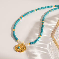 Vintage Turquoise Beaded Necklace with Gold-Plated Stainless Steel Starburst Round Pendant