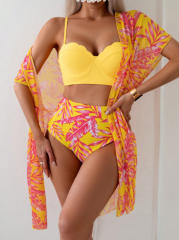 New Island Vacation Slimming Swimsuit for Women Maple Leaf Print Bikini Three-Piece Set