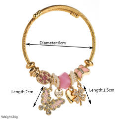 Stainless Steel Bracelet with Butterfly Heart Four-Leaf Clover Diamond-Encrusted Adjustable Bracelet for Women