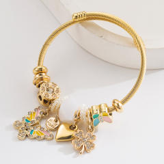 Stainless Steel Bracelet with Butterfly Heart Four-Leaf Clover Diamond-Encrusted Adjustable Bracelet for Women