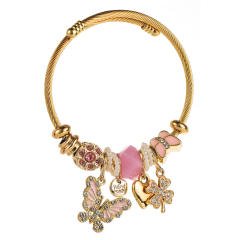 Stainless Steel Bracelet with Butterfly Heart Four-Leaf Clover Diamond-Encrusted Adjustable Bracelet for Women