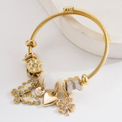 Stainless Steel Bracelet with Butterfly Heart Four-Leaf Clover Diamond-Encrusted Adjustable Bracelet for Women