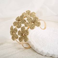Hot-Selling Raffia Flower Bracelet for Women Simple Double-Row Hand-Woven Adjustable Open bangle