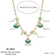 New Style Ocean Vacation Style Shell Starfish Pearl Pendant Necklace for Women Gold-Plated Stainless Steel Necklace