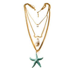 Ocean sereis starfish pearl conch pendant three layer stainless steel necklace